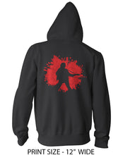 Load image into Gallery viewer, Black Smoke Hoodie with classic ALARM Strength logo with Mike Peters Silhouette on poppy
