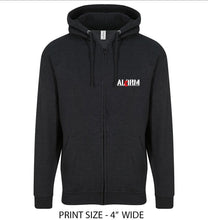 Load image into Gallery viewer, Black Smoke Hoodie with classic ALARM Strength logo with Mike Peters Silhouette on poppy
